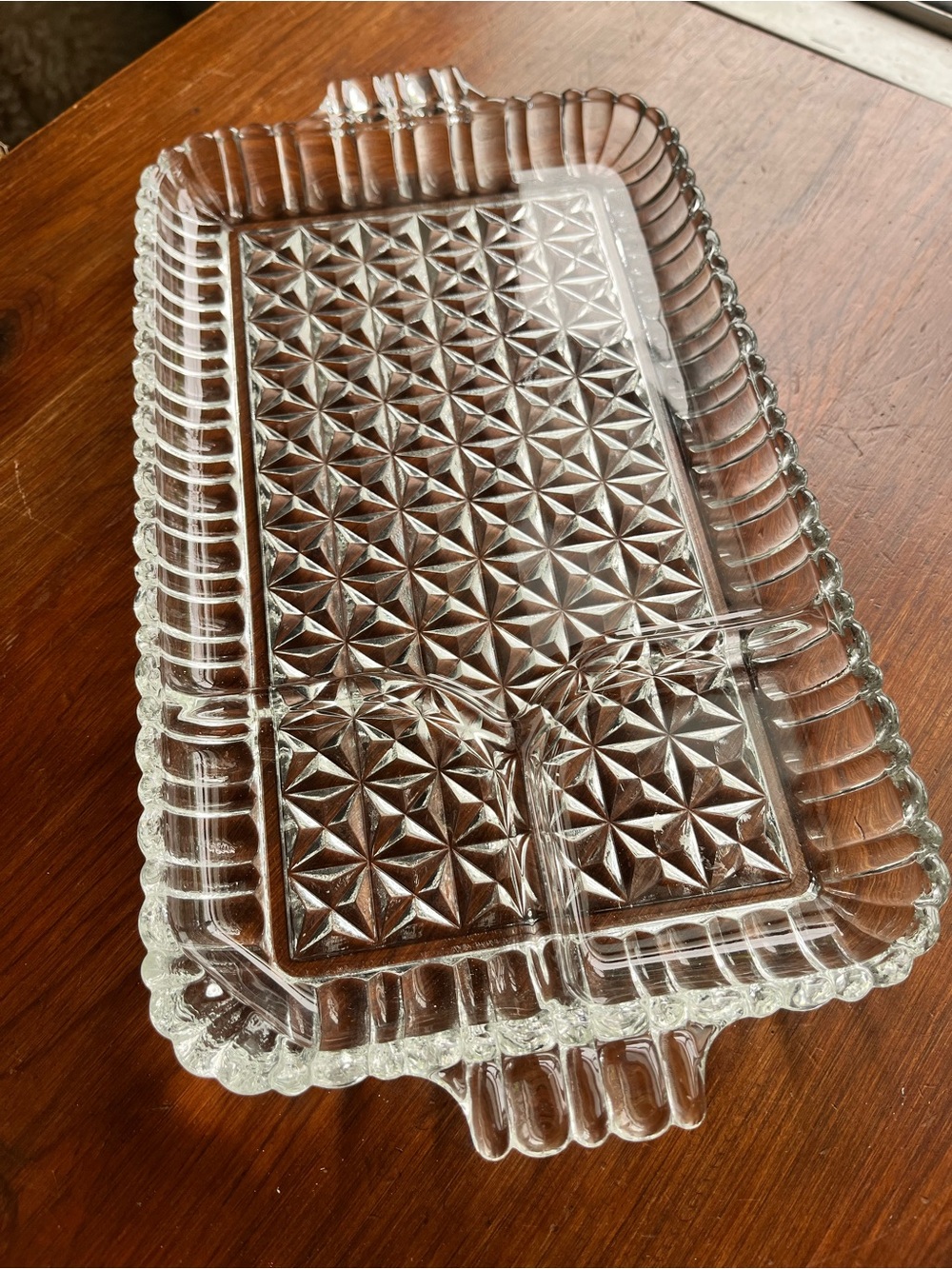 Vintage Clear Glass Divided Vanity Tray with Starburst Pattern